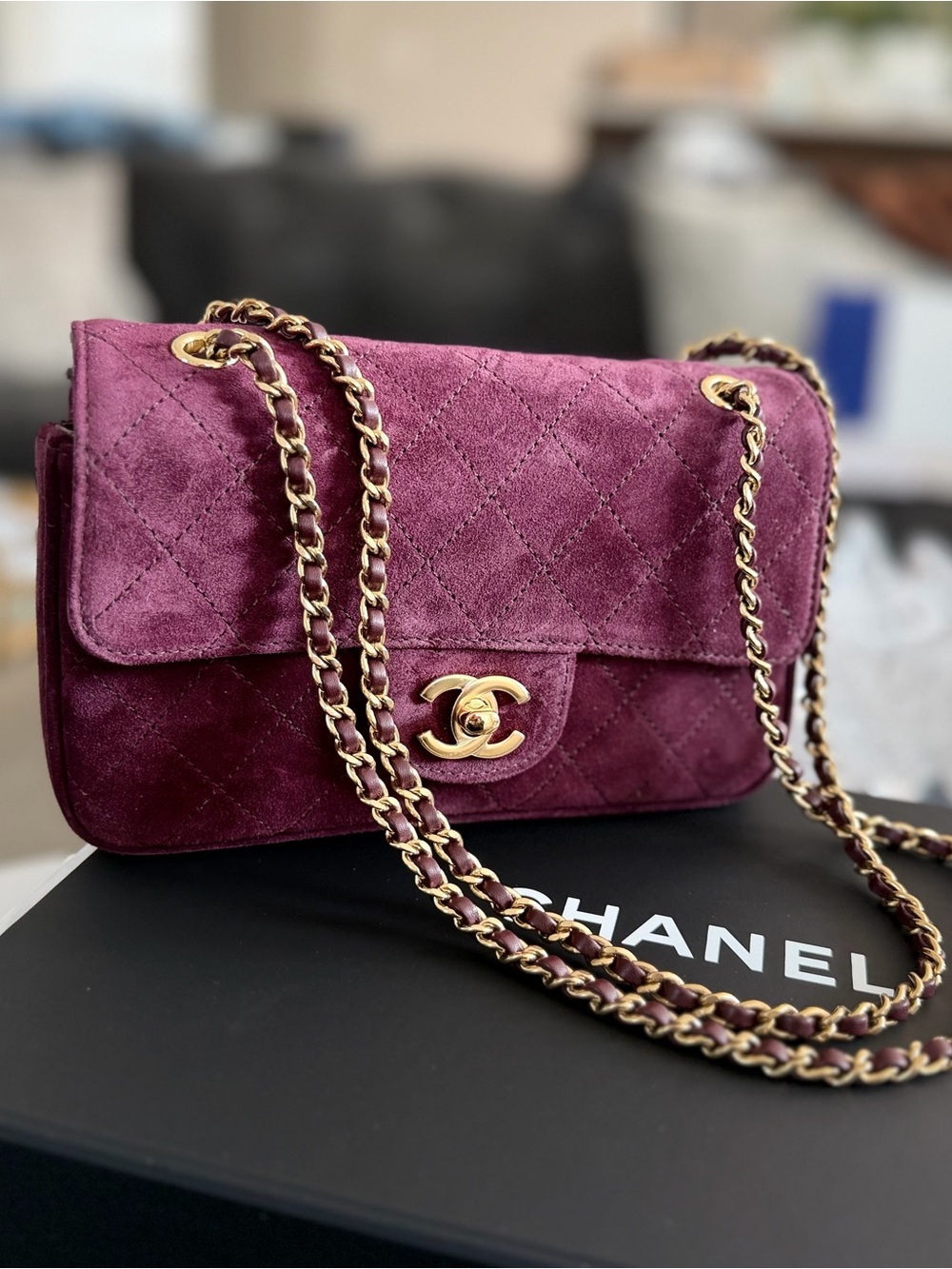 CHANEL Quilted Suede Shoulder Bag in Plum with Gold Hardware